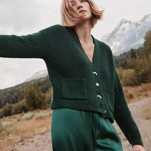 LOFT Deep Green Moon & Star Jeweled Button Cardigan